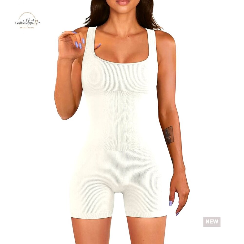 Large Seamless Ribbed Yoga Romper Square Neck Workout Jumpsuit